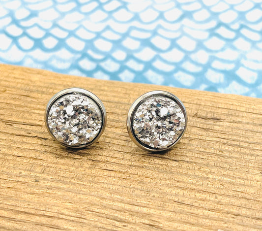 Silver Faux Druzy Stud Earrings