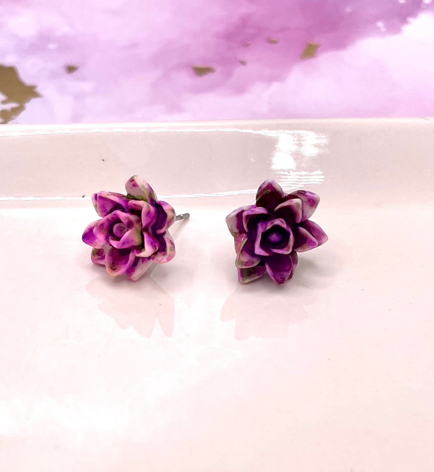 Purple and Green Succulent Stud Earrings