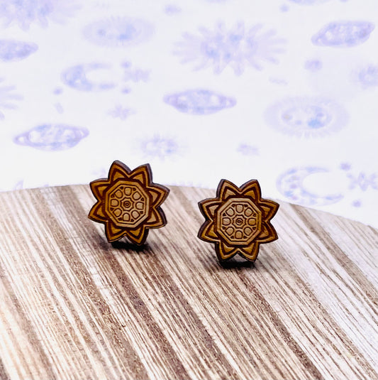 Sun Mandala Wood Stud Earrings