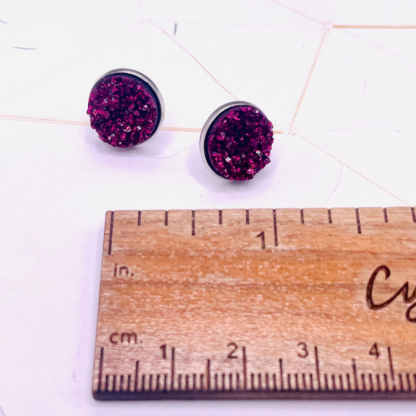 Glittery Raspberry  Faux Druzy Stud Earrings