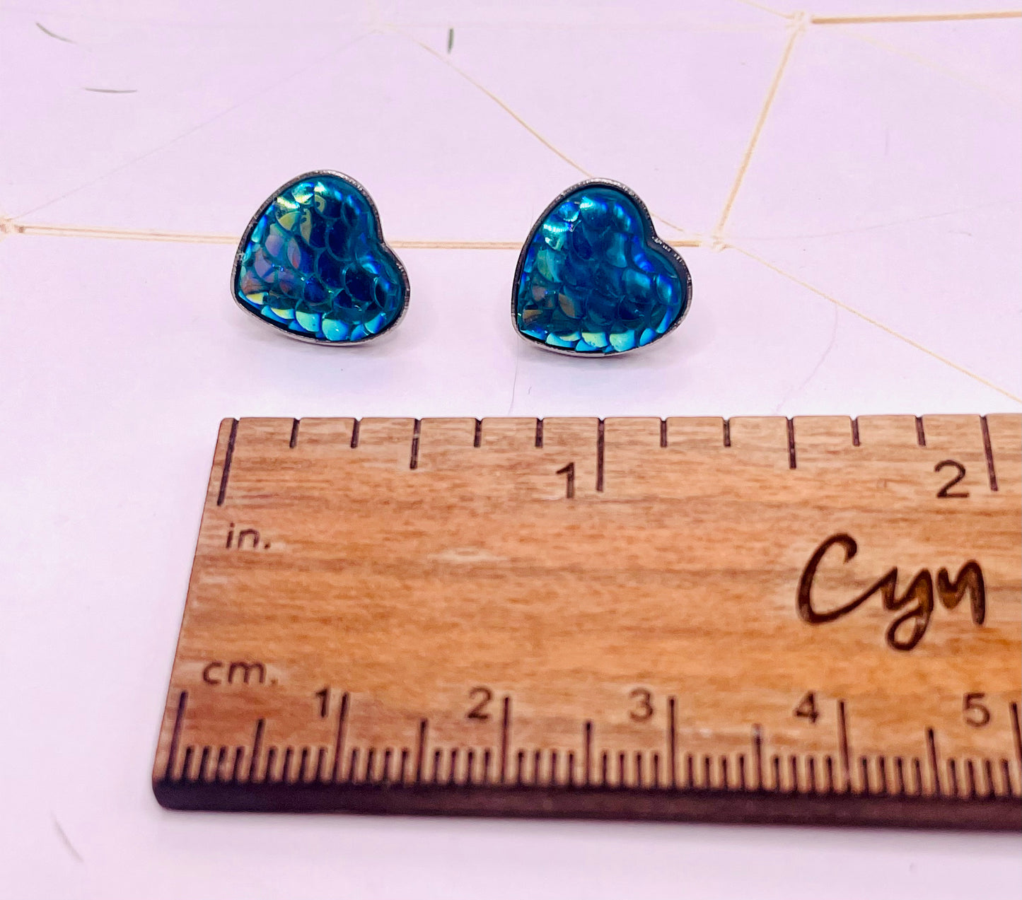 Blue Scale Heart Stud Earrings