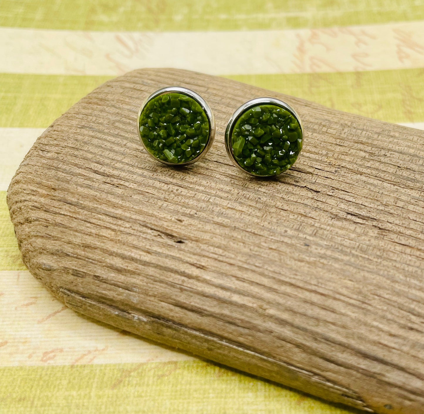 Olive Green Faux Druzy Stud Earrings