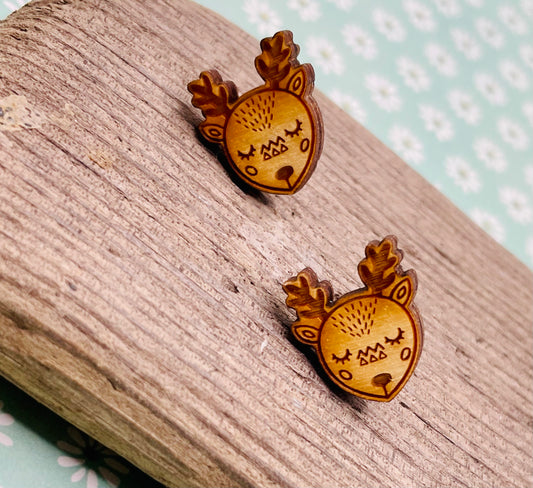 Reindeer Wood Stud Earrings