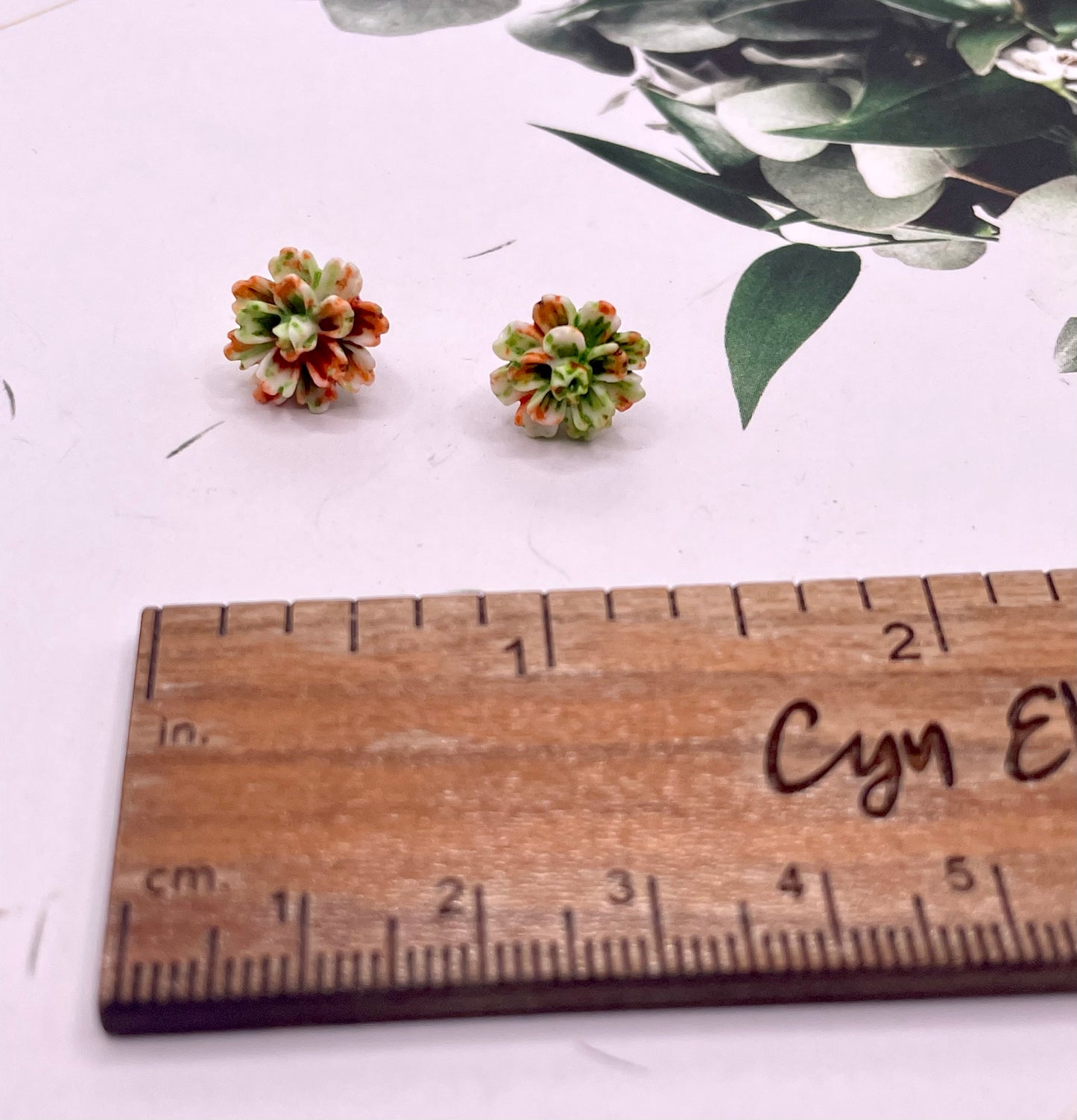 Orange and Green Mum Flower Stud Earrings