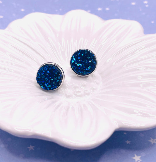 Blue Iridescent Faux Druzy Stud Earrings