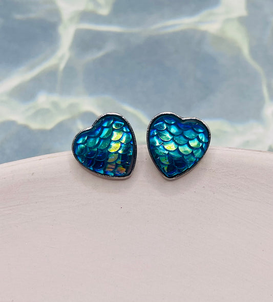 Blue Scale Heart Stud Earrings