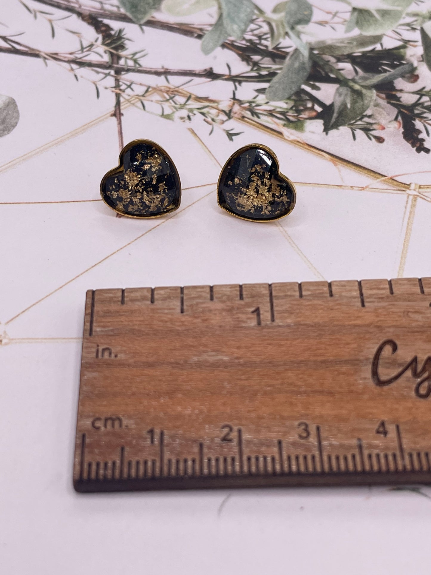 Black and Gold Heart Stud Earrings