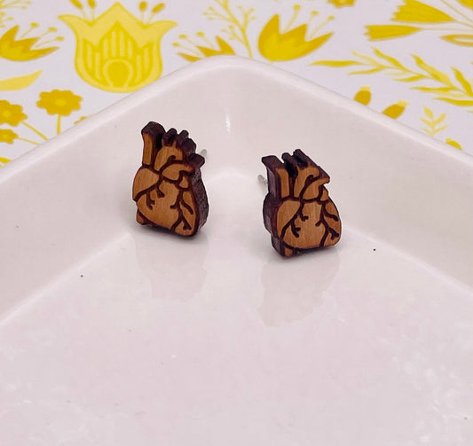 Anatomical Heart Wood Stud Earrings