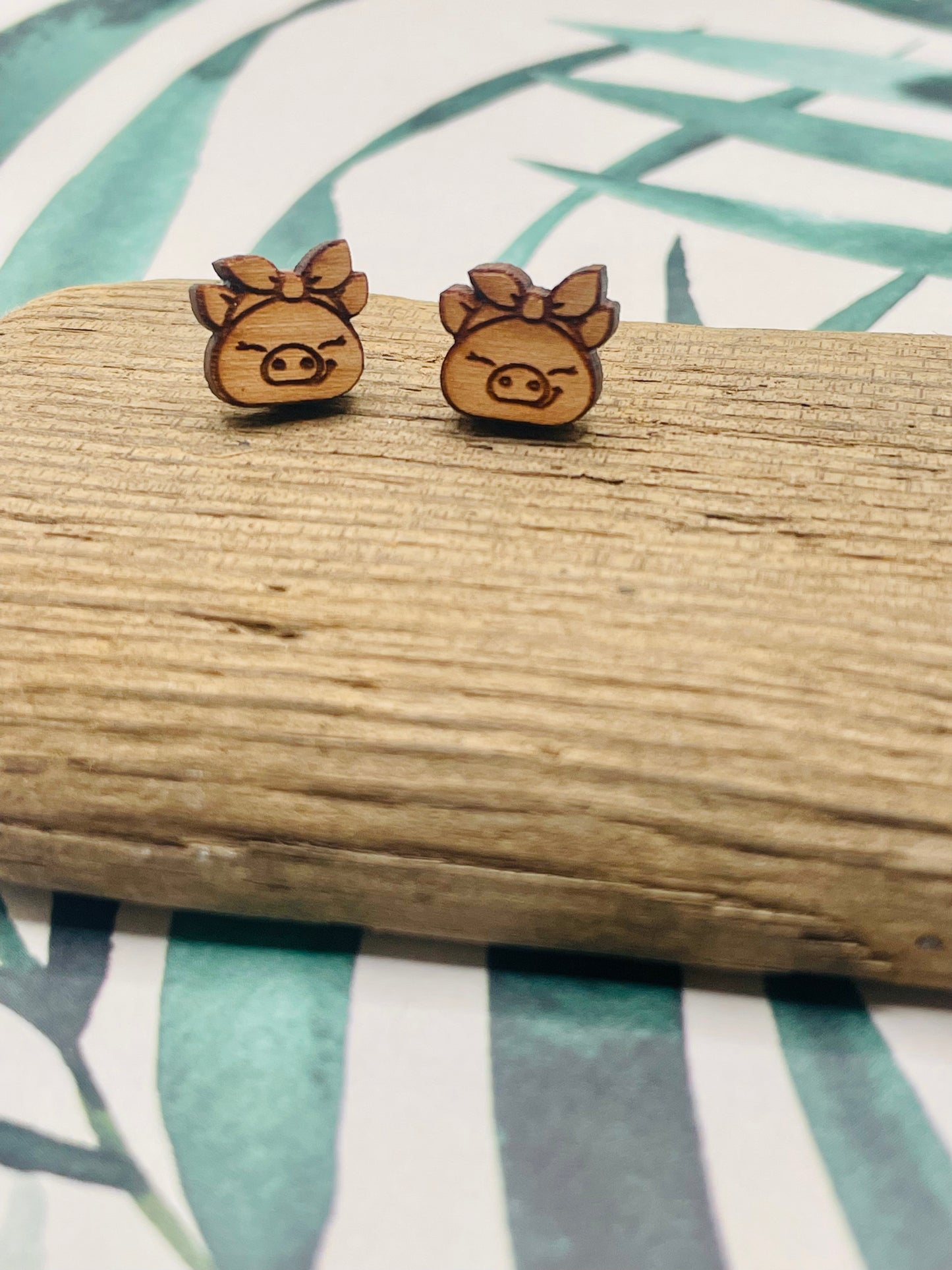 Pig Wood Stud Earrings