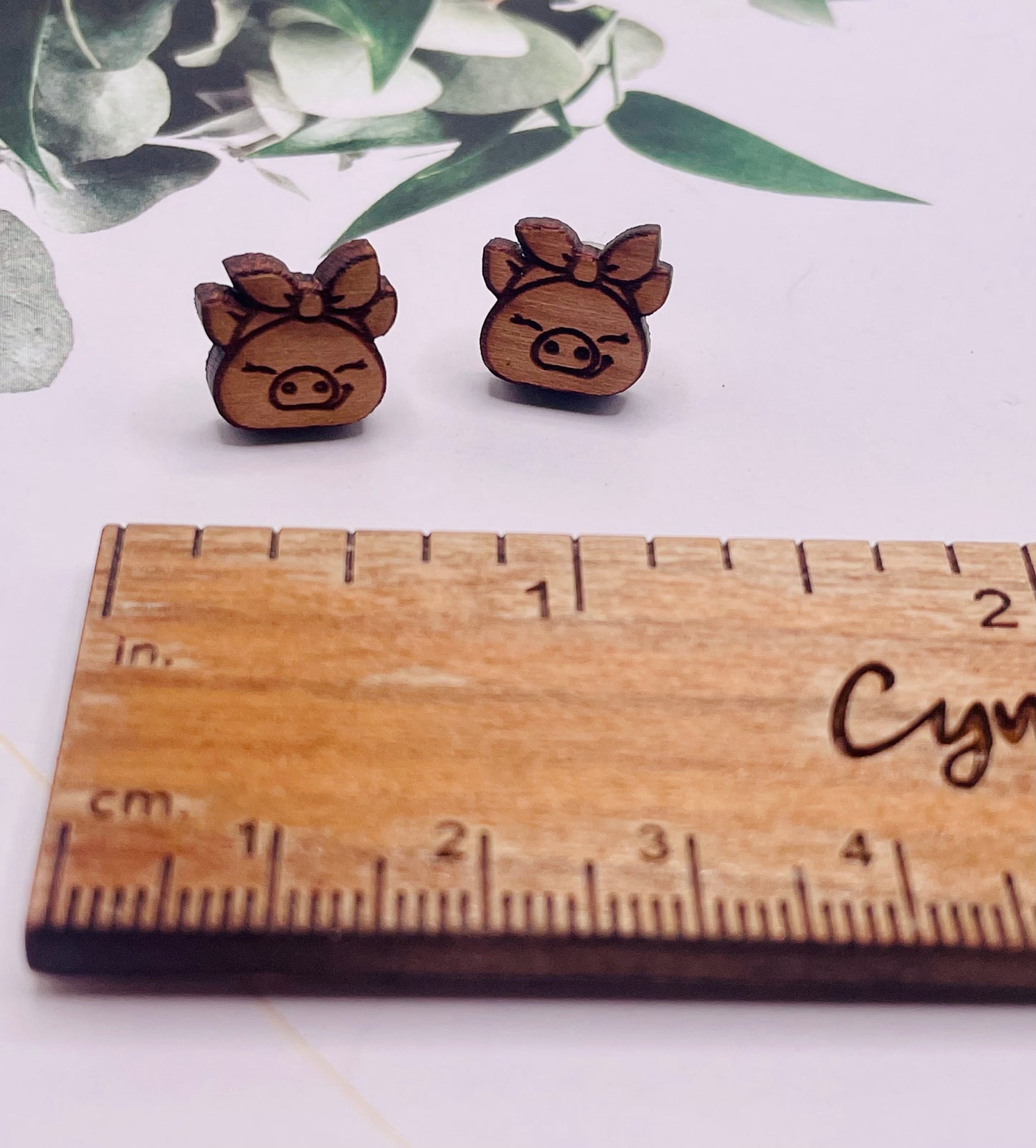 Pig Wood Stud Earrings