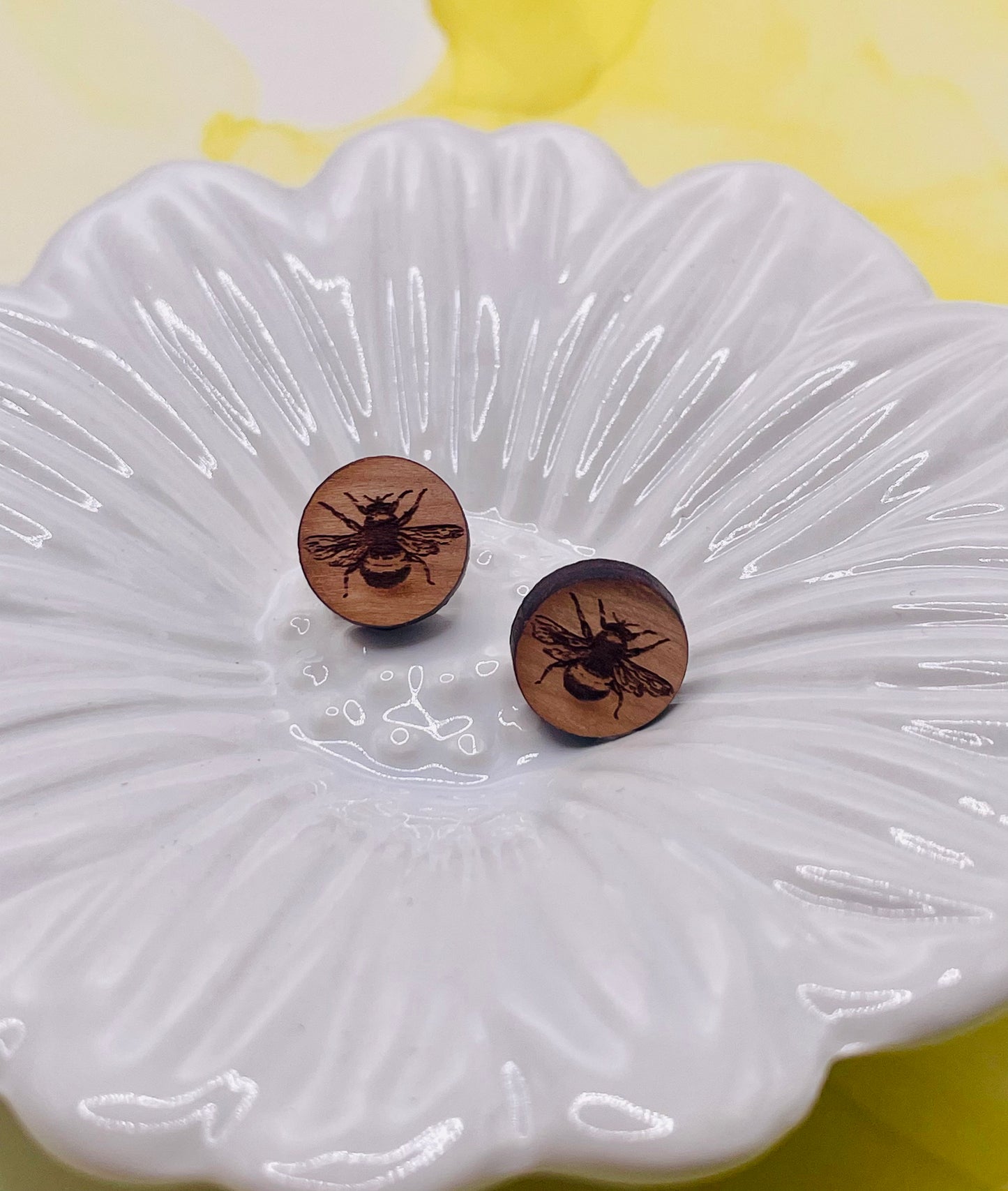 Round Bee Wood Stud Earrings