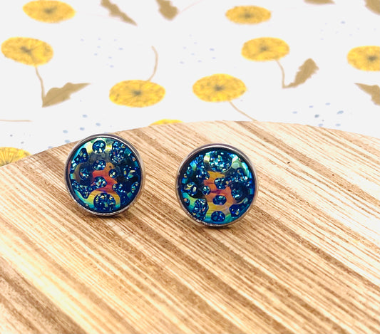 Mixed Texture Blue Faux Druzy Stud Earrings