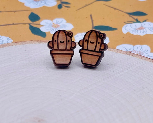 Cactus Wood Stud Earrings