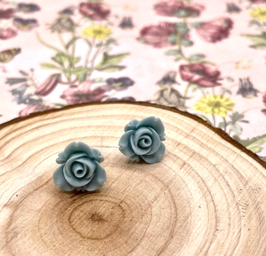 Pale Dusk Blue Flower Stud Earrings