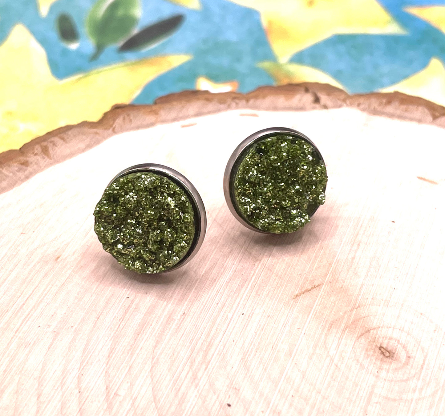 Sparkle Green Faux Druzy Stud Earrings