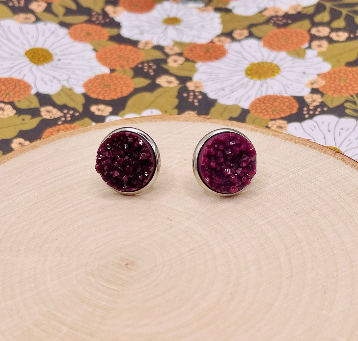 Dark Raspberry Faux Druzy Stud Earrings