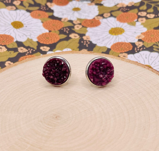 Dark Raspberry Faux Druzy Stud Earrings