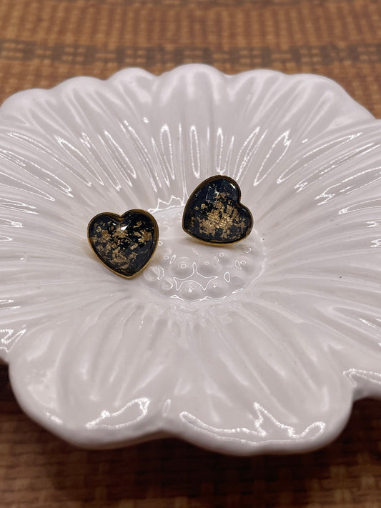 Black and Gold Heart Stud Earrings