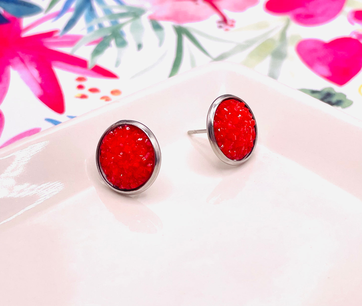 Red Faux Druzy Stud Earrings