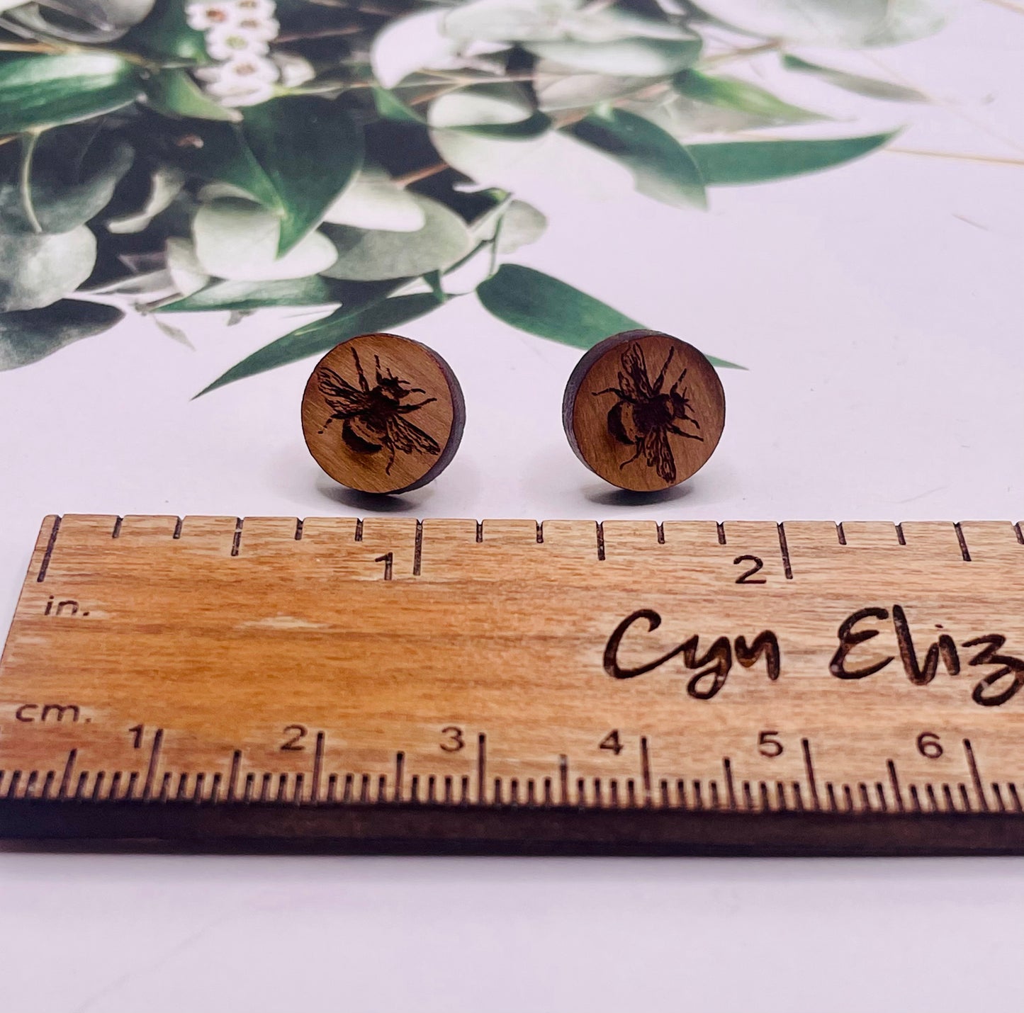 Round Bee Wood Stud Earrings