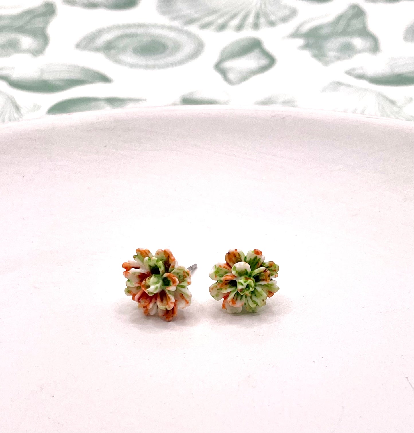 Orange and Green Mum Flower Stud Earrings