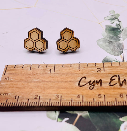 Geometric Honeycomb Wood Stud Earrings