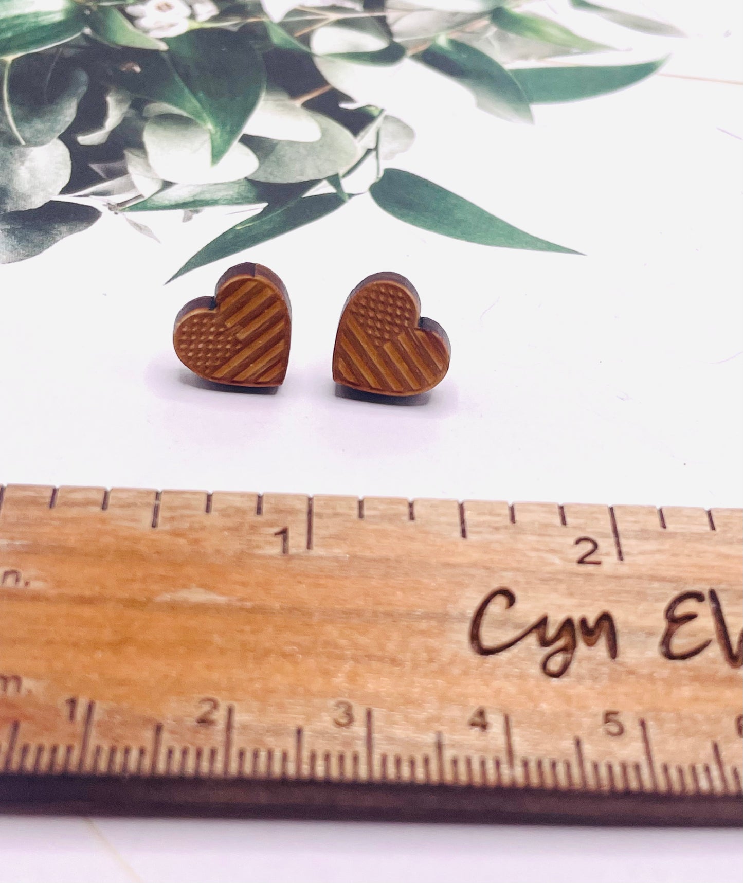 Flag Heart Wood Stud Earrings