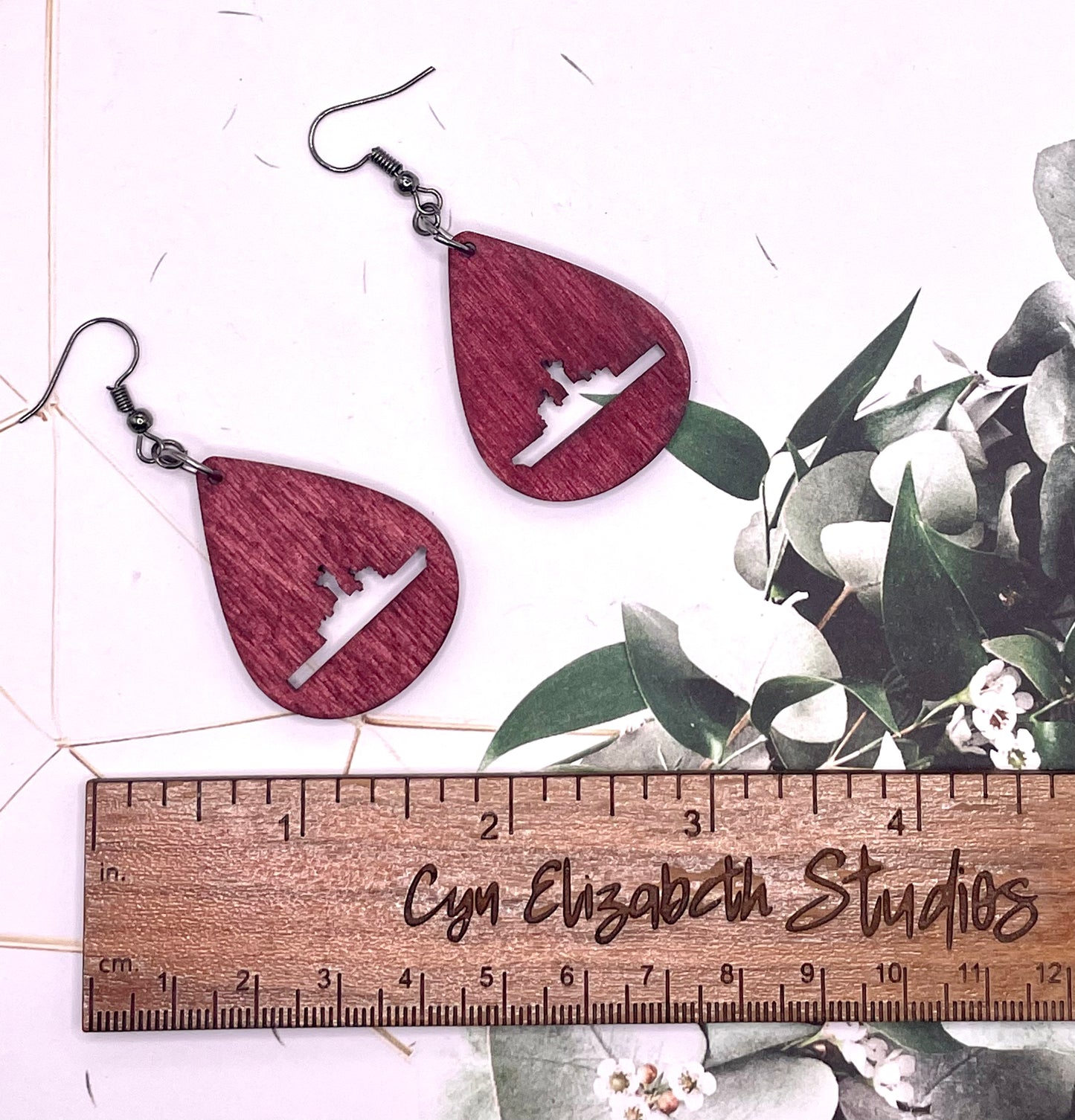 Maroon Cutter Military Boat Wood Earrings