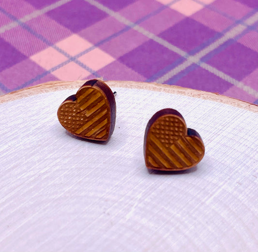 Flag Heart Wood Stud Earrings