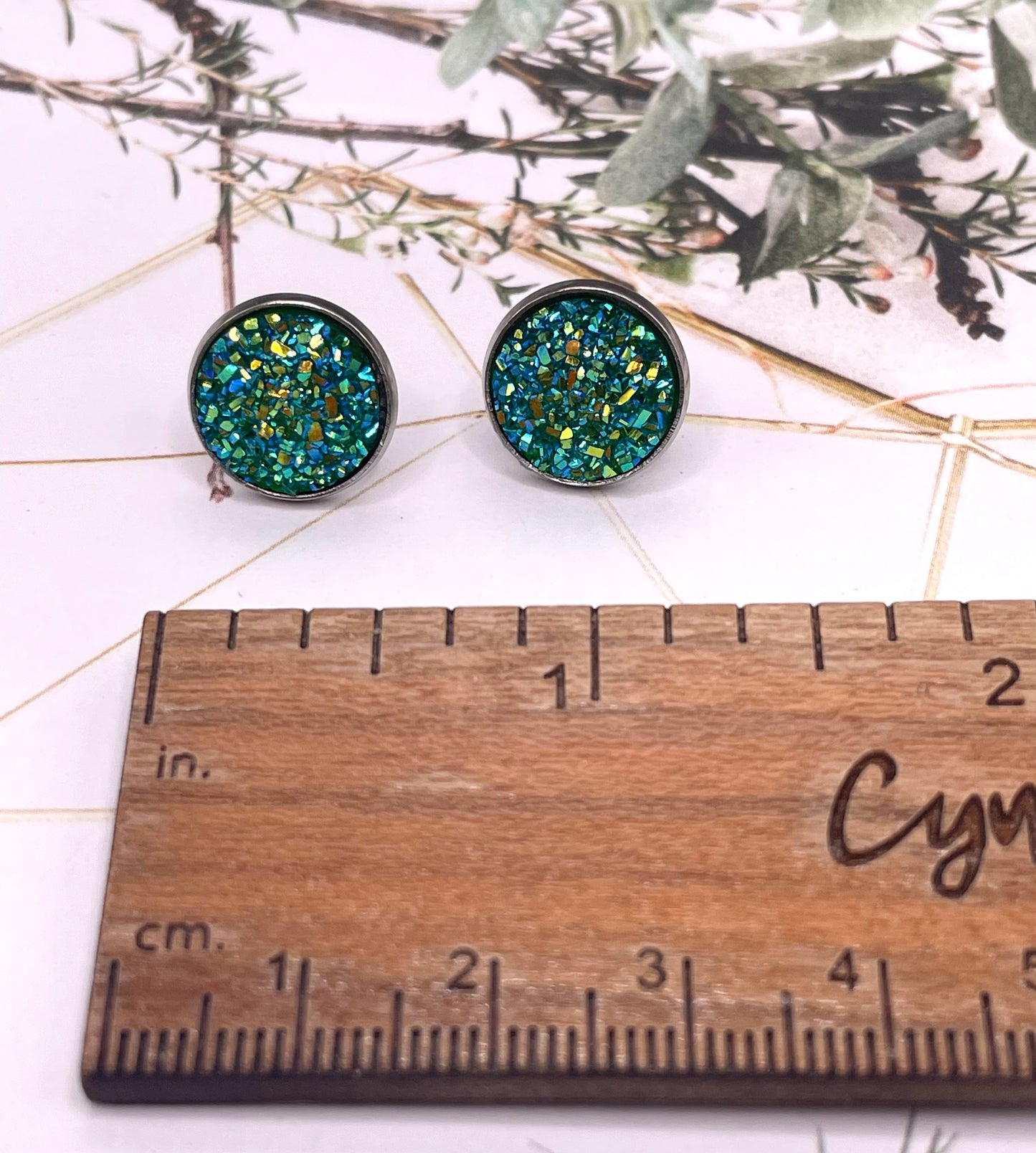 Blue-Green Faux Druzy Stud Earrings