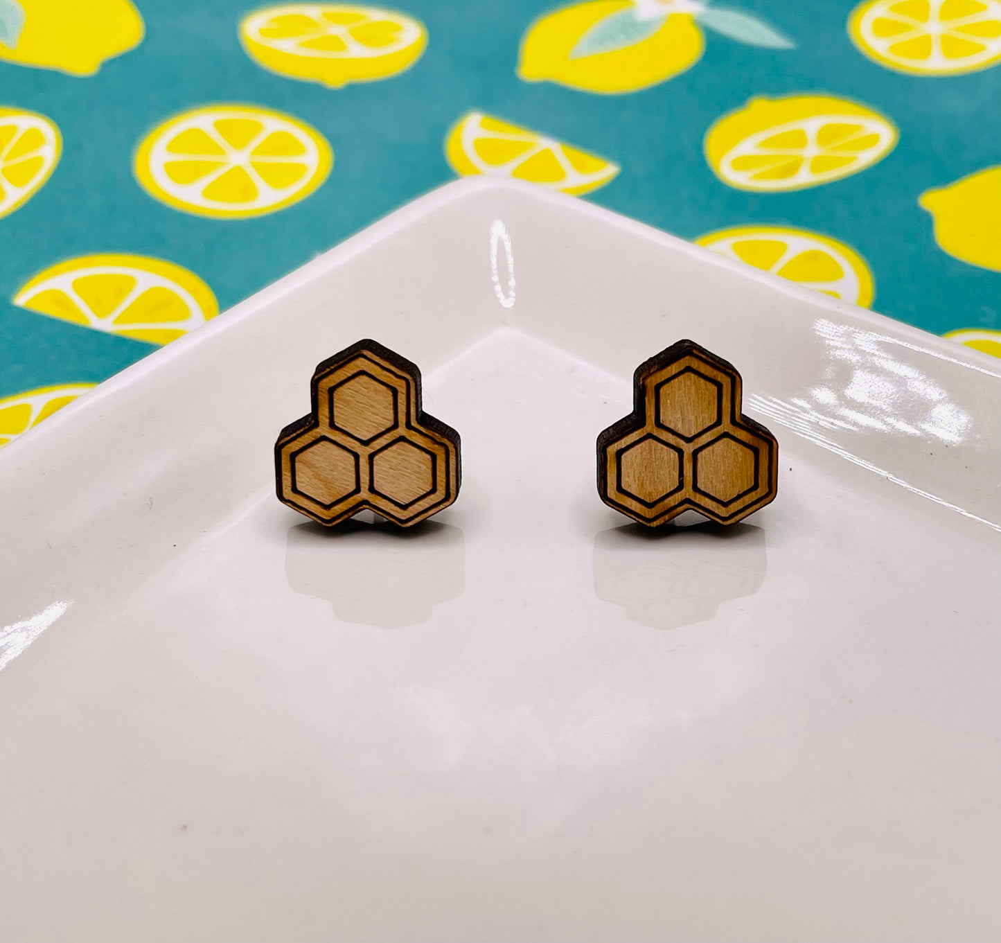 Geometric Honeycomb Wood Stud Earrings