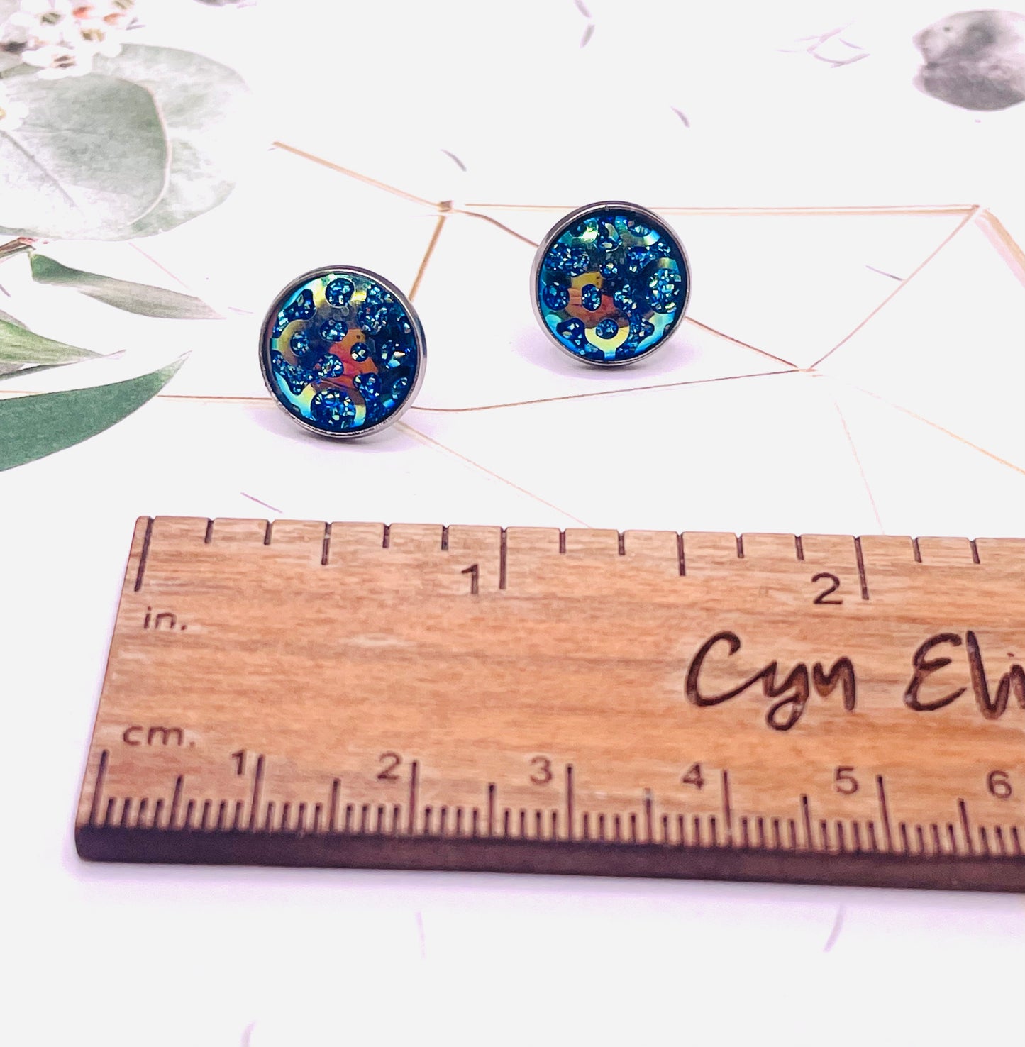 Mixed Texture Blue Faux Druzy Stud Earrings