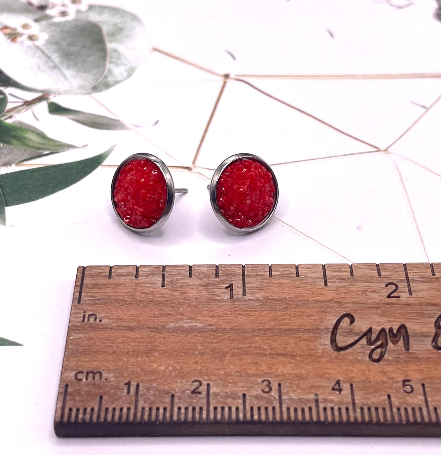 Red Faux Druzy Stud Earrings