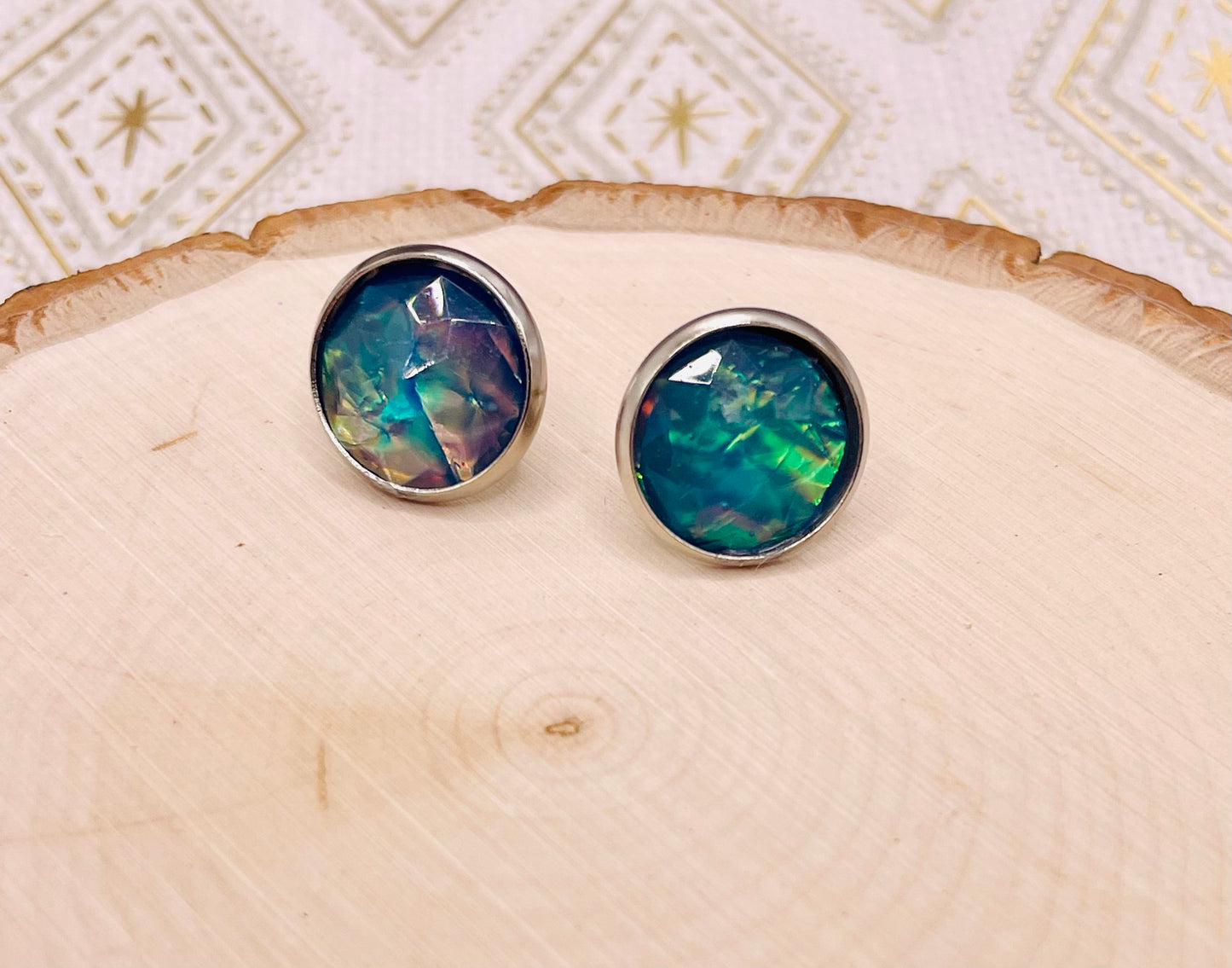 Blue Faux Opal Resin Stud Earrings