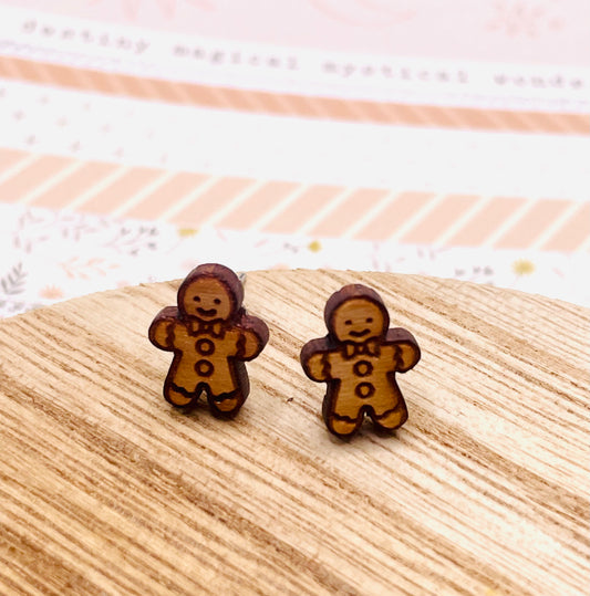 Gingerbread Man Wood Stud Earrings