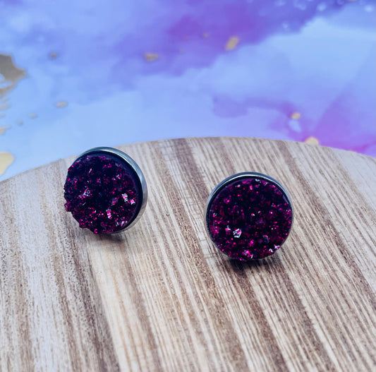 Glittery Raspberry  Faux Druzy Stud Earrings